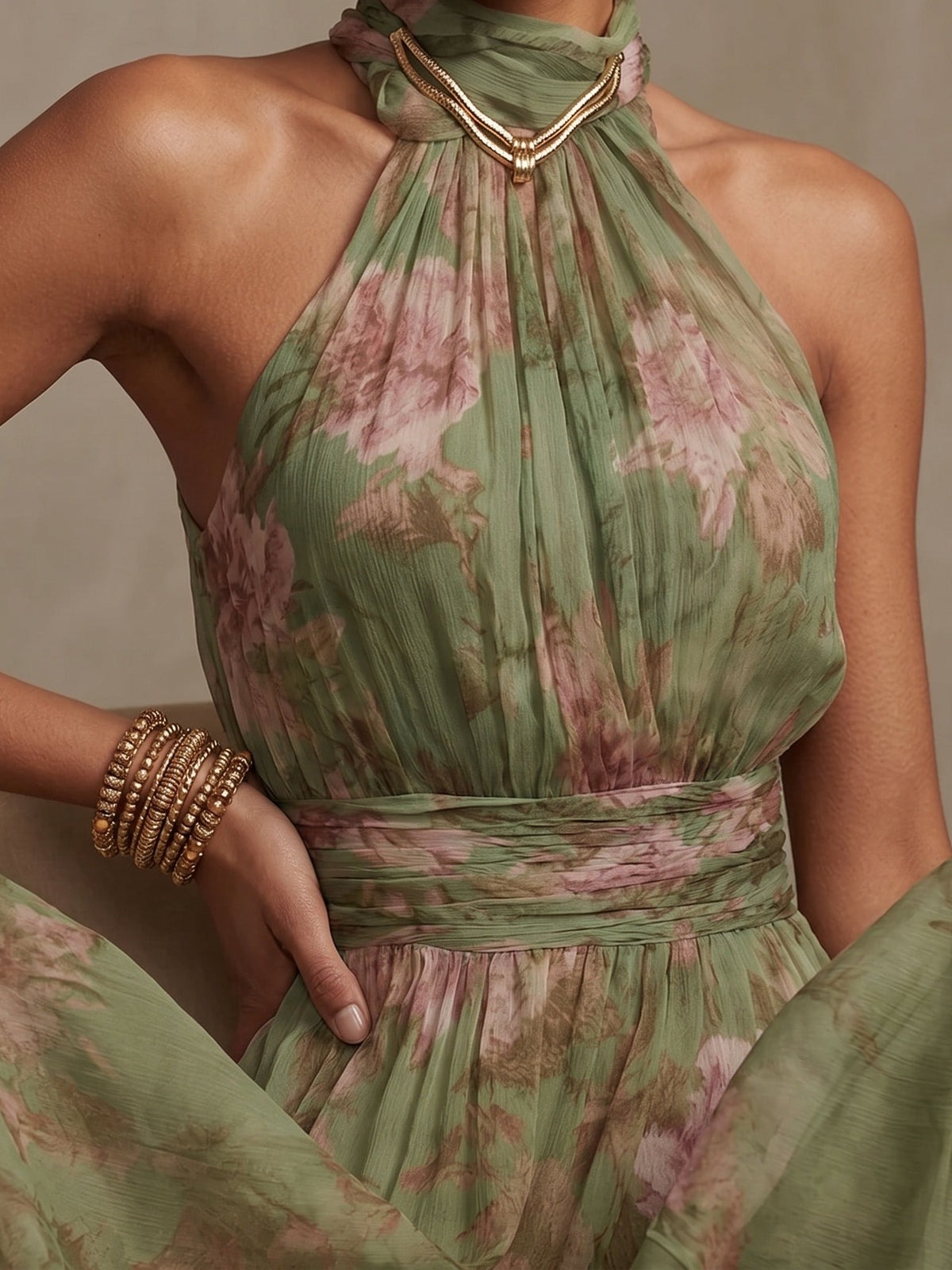 Women's Green Floral Chiffon Halter Maxi Dress