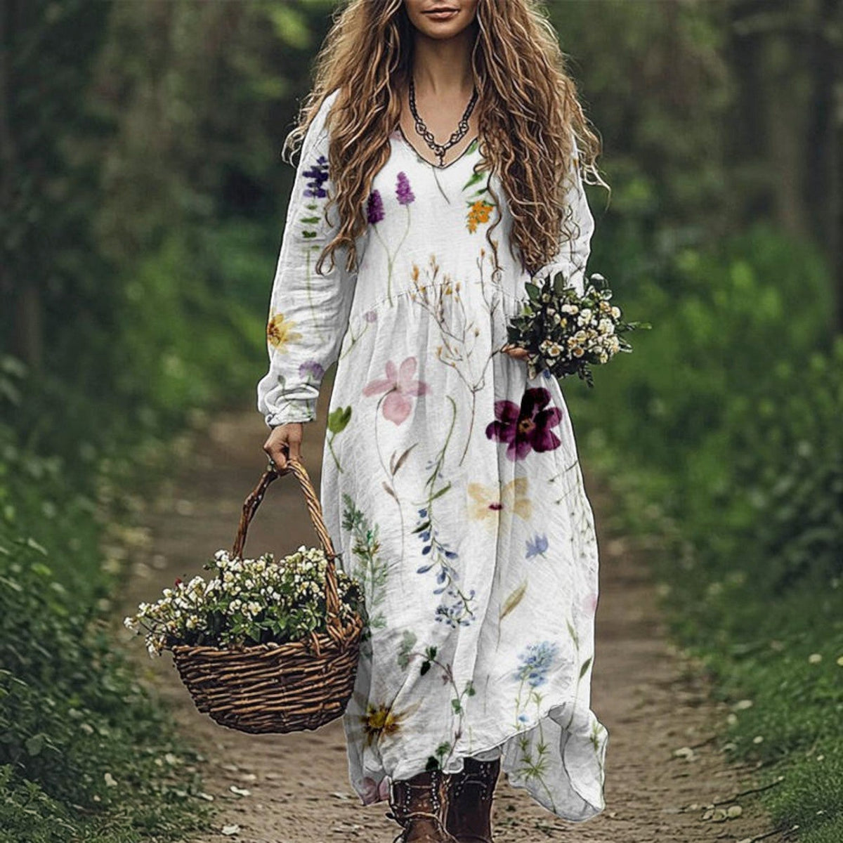 Women's Vintage Western V-Neck Maxi Dress