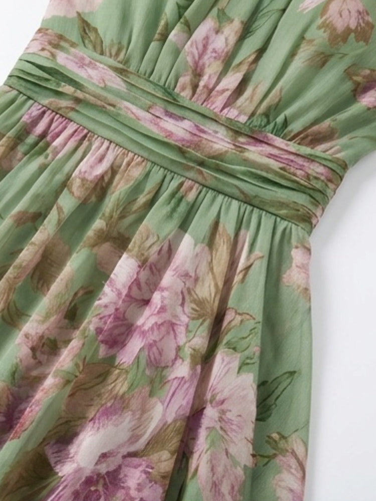 Women's Green Floral Chiffon Halter Maxi Dress