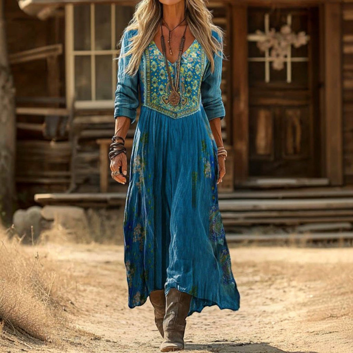 Women's Vintage Western V-Neck Maxi Dress