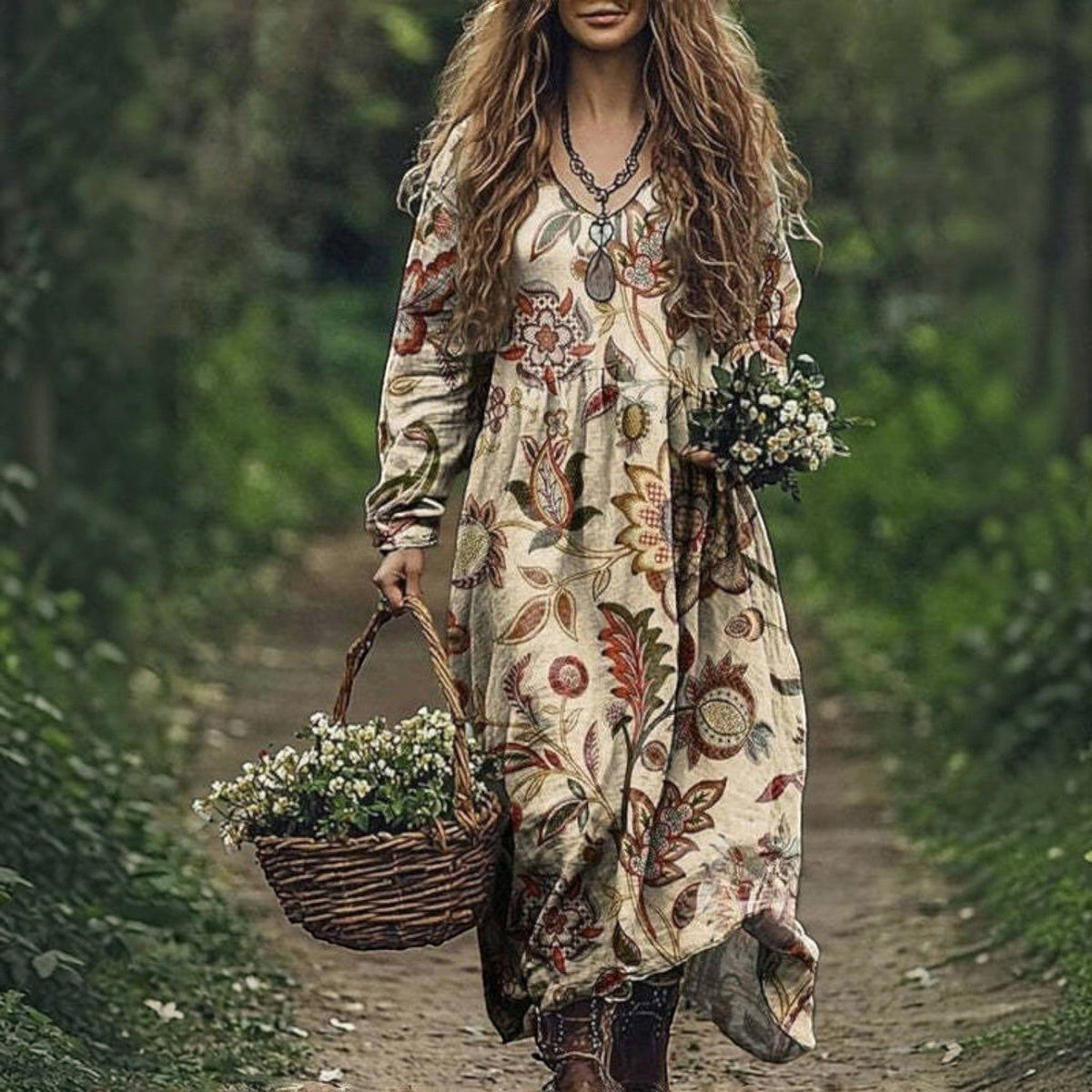 Women's Vintage Western V-Neck Maxi Dress