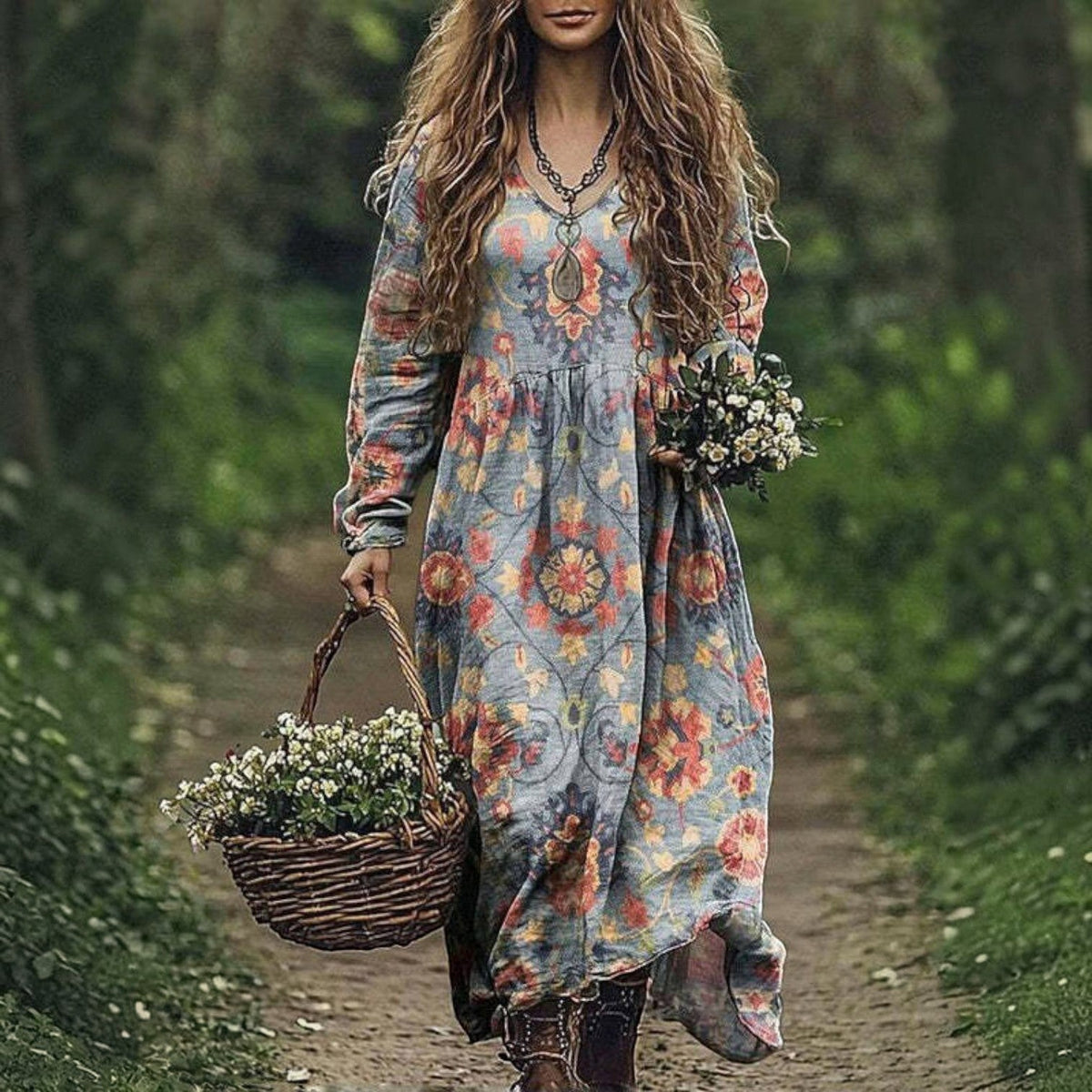 Women's Vintage Western V-Neck Maxi Dress