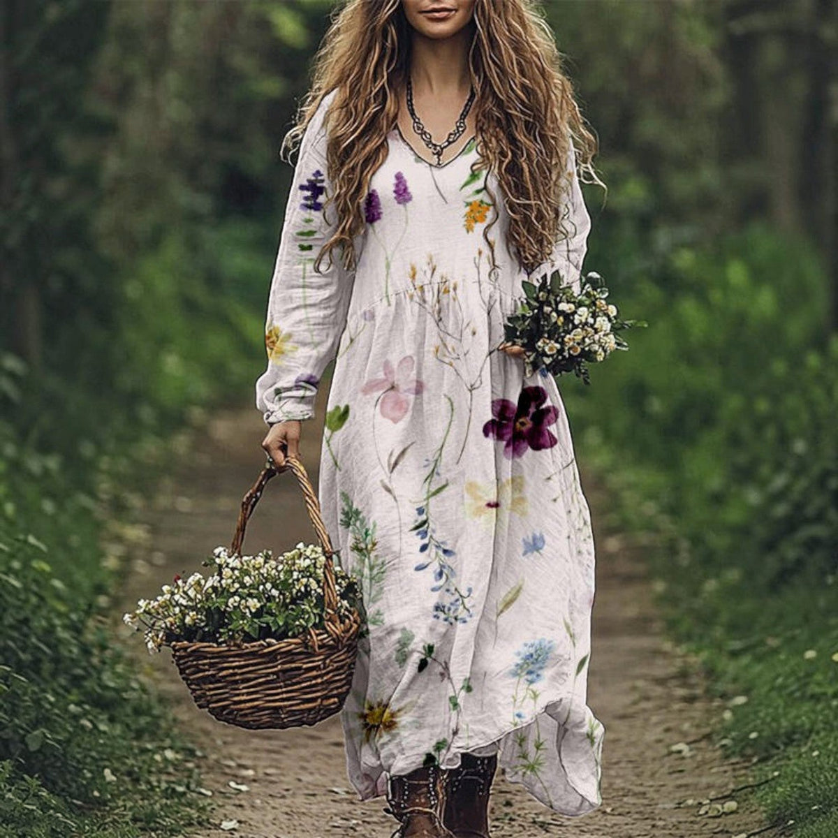 Women's Vintage Western V-Neck Maxi Dress