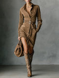 Women's Suede Single Breasted Lapel Long Sleeve Midi Dress