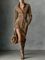 Women's Suede Single Breasted Lapel Long Sleeve Midi Dress