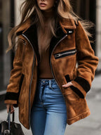 Women's Coat in Suede with Contrast Color Details and Zipper