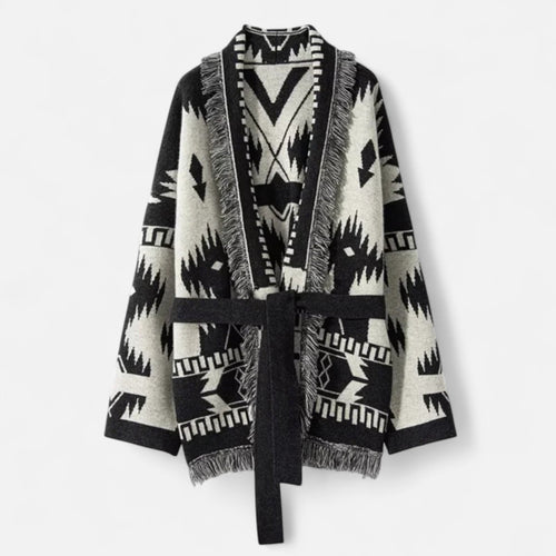 Women's Cardigan with Cashmere, Jacquard Details and Tassels