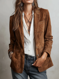 Women's Brown Suede Jacket with Contrast Stitching