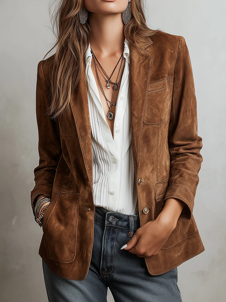 Women's Brown Suede Jacket with Contrast Stitching