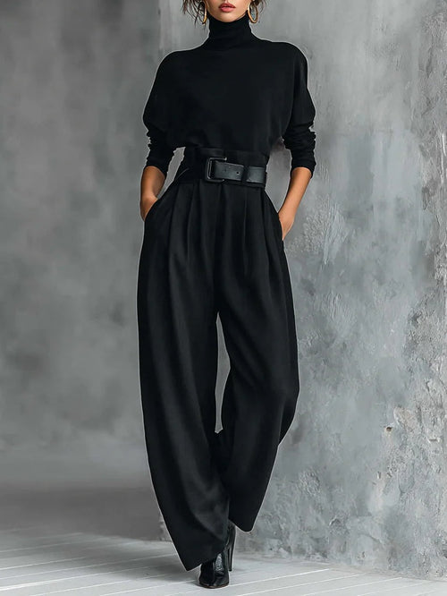 Women's Clothing Set with Turtleneck Top and Straight-Leg Pants