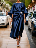 Women's Maxi Dress with Boat Neck and Ruched A-Line Silhouette