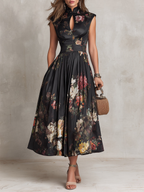 Women's Floral Pleated Satin Midi Dress with Keyhole Collar
