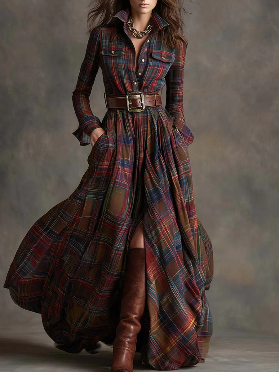 Women's Dress with Lapel and Contrasting Plaid