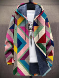 Unisex Hooded Cardigan with Zip Front and Geometric Pattern