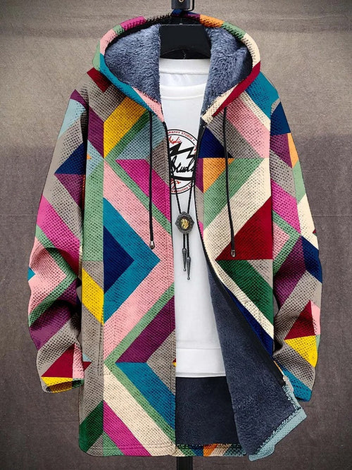 Unisex Hooded Cardigan with Zip Front and Geometric Pattern