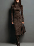 Women's Suede Midi Dress with High Neck and Long Sleeves