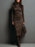 Women's Suede Midi Dress with High Neck and Long Sleeves
