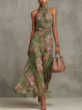 Women's Green Floral Chiffon Halter Maxi Dress