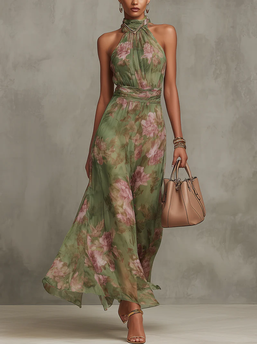 Women's Green Floral Chiffon Halter Maxi Dress