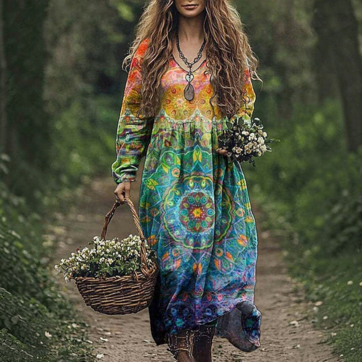 Women's Vintage Western V-Neck Maxi Dress