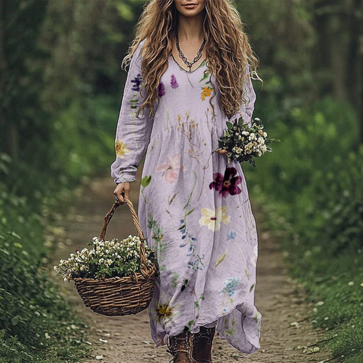 Women's Vintage Western V-Neck Maxi Dress