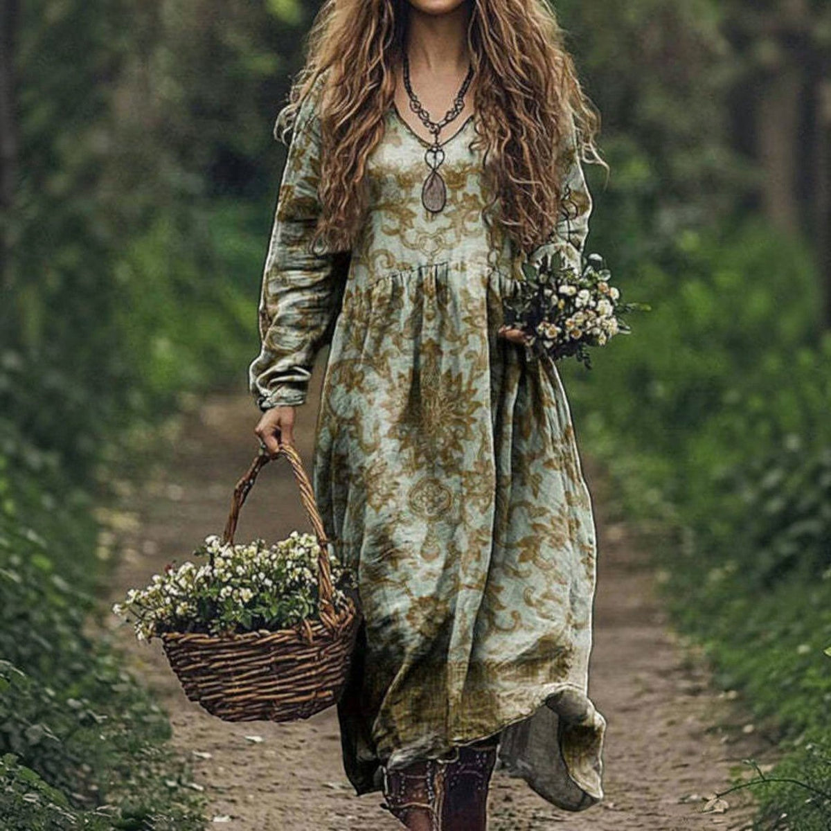 Women's Vintage Western V-Neck Maxi Dress