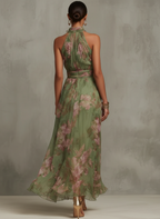 Women's Green Floral Chiffon Halter Maxi Dress