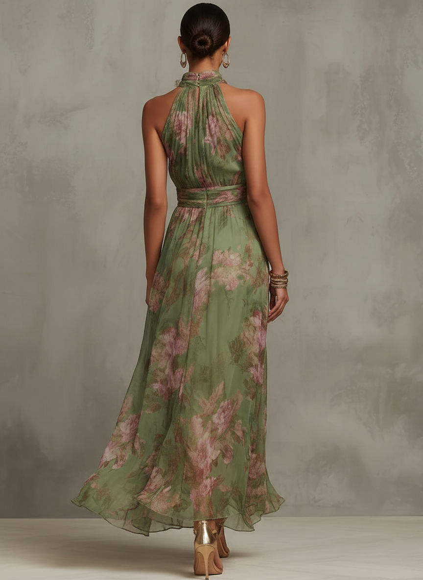 Women's Green Floral Chiffon Halter Maxi Dress