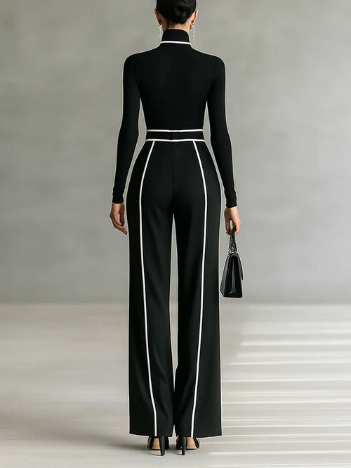 Women's Clothing Set with Turtleneck Top, Wide-Leg Pants and Belt