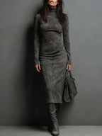 Women's Suede Midi Dress with High Neck and Long Sleeves