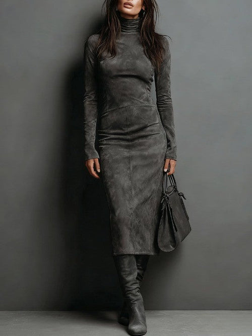 Women's Suede Midi Dress with High Neck and Long Sleeves