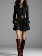Women's Plaid Mini Dress with Lapel and Belt