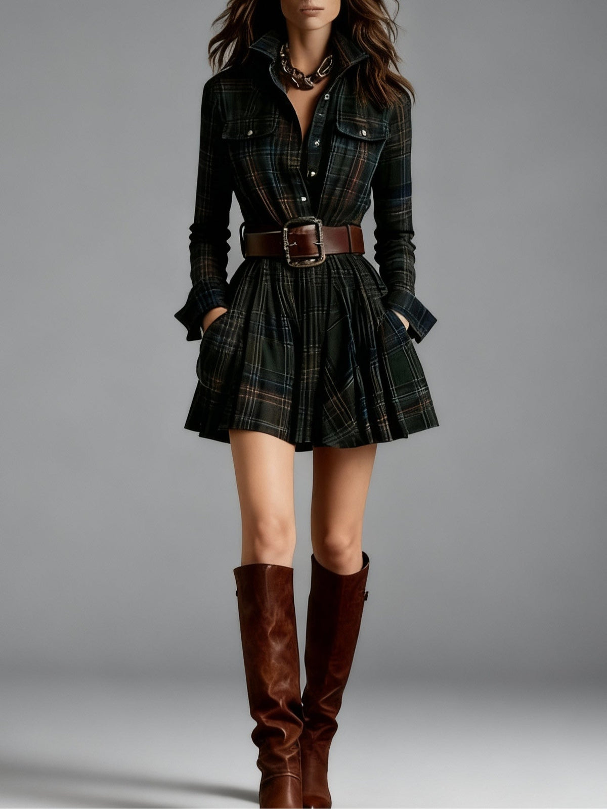Women's Plaid Mini Dress with Lapel and Belt
