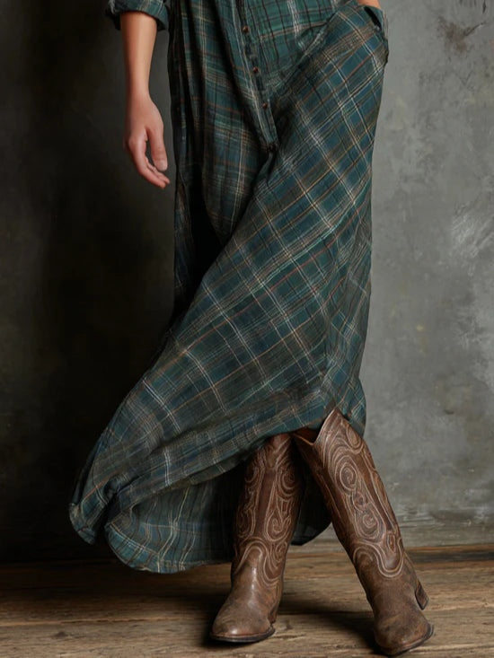 Women's Plaid Lapel Single-Breasted Shirt Maxi Dress