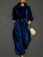 Women's Velvet Hoodie and Trousers Clothing Set with Belt