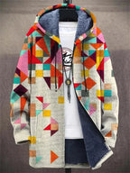 Unisex Hooded Cardigan with Zip Front and Geometric Pattern