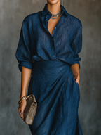 Women's Dark Blue Cotton and Linen Shirt and Skirt Set