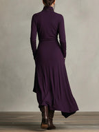 Women's Asymmetrical Pleated Maxi Dress with Turtleneck