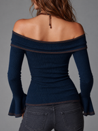 Women's Navy Tie Front Off Shoulder Knit Top