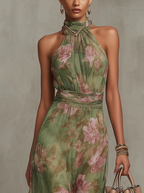 Women's Green Floral Chiffon Halter Maxi Dress