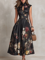 Women's Floral Pleated Satin Midi Dress with Keyhole Collar