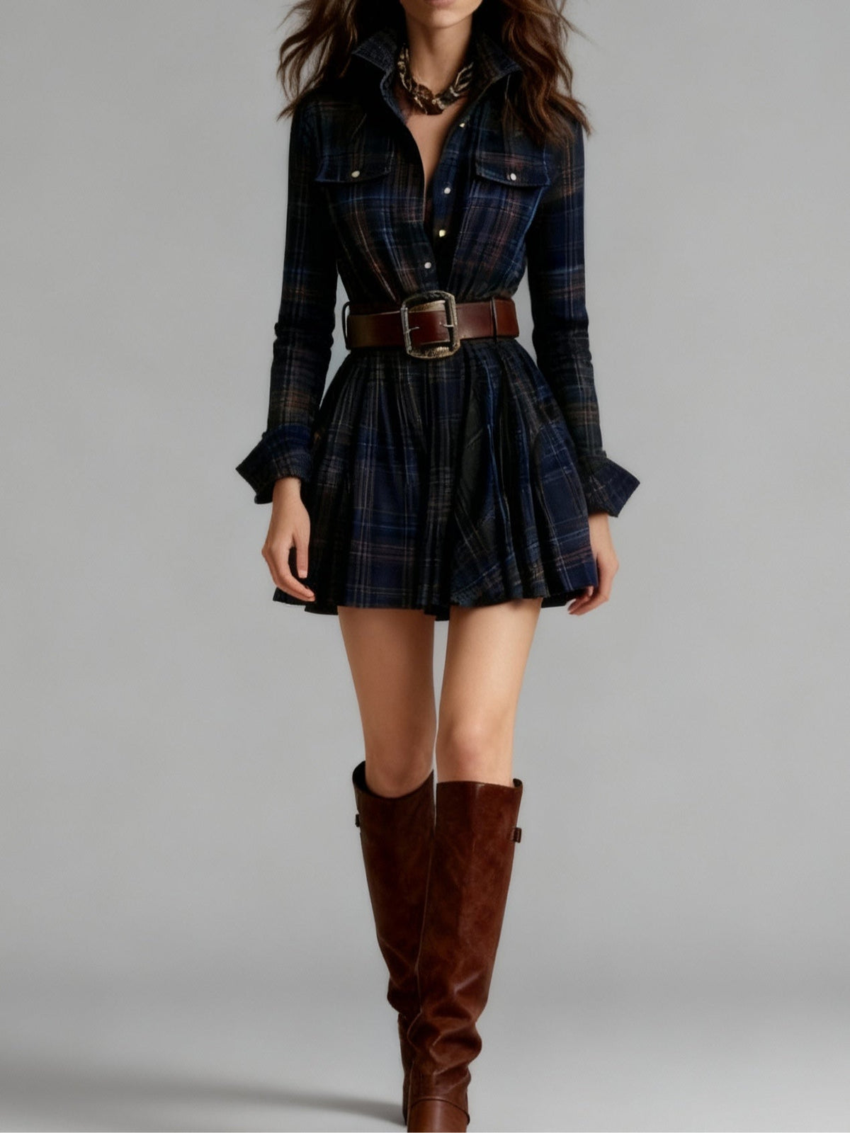 Women's Plaid Mini Dress with Lapel and Belt