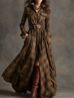Women's Dress with Lapel and Contrasting Plaid