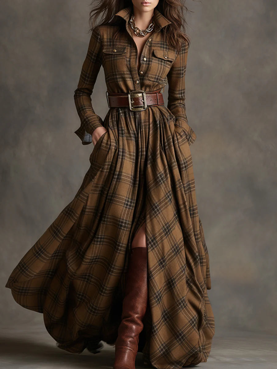 Women's Dress with Lapel and Contrasting Plaid