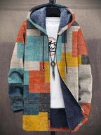 Unisex Hooded Cardigan with Zip Front and Geometric Pattern