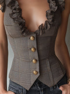 Women's Vest with Houndstooth Pattern and Ruffle Trim