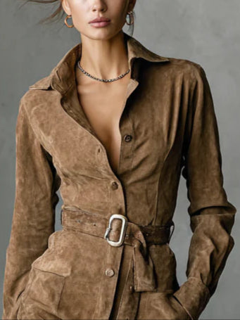 Women's Suede Single Breasted Lapel Long Sleeve Midi Dress