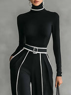 Women's Clothing Set with Turtleneck Top, Wide-Leg Pants and Belt