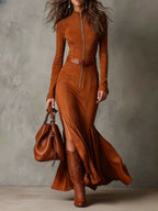 Women's Maxi Dress with Zipper Front and Belt