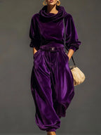 Women's Velvet Hoodie and Trousers Clothing Set with Belt